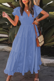 Casual Solid Flounce V Neck Waist Skirt Dresses