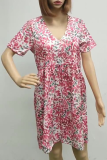Casual Print Patchwork V Neck Cake Skirt Dresses