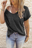 Fashion Street Solid Patchwork V Neck T-Shirts