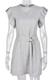 Casual Solid Flounce O Neck Waist Skirt Dresses