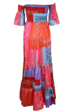 Fashion Print Patchwork Off the Shoulder Waist Skirt Dresses