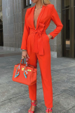 Casual Solid Patchwork Turndown Collar Regular Jumpsuits