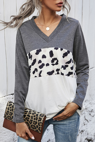 Casual Leopard Patchwork V Neck Tops