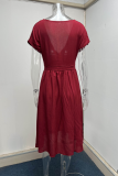 Casual Solid Buckle V Neck Waist Skirt Dresses