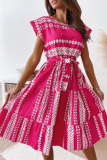 Casual Print Patchwork O Neck Waist Skirt Dresses