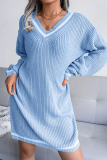 Casual Striped Patchwork Contrast V Neck A Line Dresses Sweater (Without Belt)