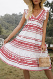 Fashion Street Striped Patchwork V Neck Cake Skirt Dresses