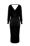 Casual Elegant Solid Backless Slit Strap Design V Neck Pencil Skirt Dresses