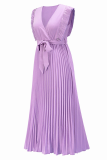 Fashion Elegant Solid Flounce Strap Design V Neck Pleated Dresses