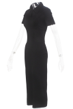 Fashion Street Solid Frenulum Backless Slit Turndown Collar Wrapped Skirt Dresses