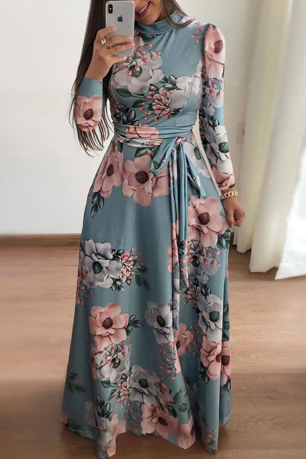 Fashion Print Patchwork Half A Turtleneck Cake Skirt Dresses