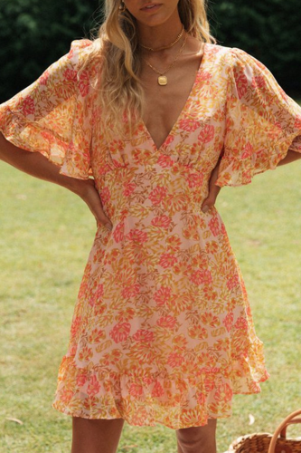 Sweet Floral Patchwork Backless Flounce V Neck A Line Dresses