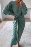 Casual Solid Patchwork V Neck Waist Skirt Dresses