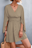 Casual Solid Patchwork V Neck Waist Skirt Dresses