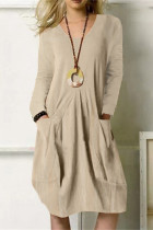 Fashion Casual Solid Pocket O Neck Long Sleeve Dresses