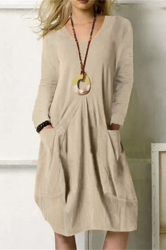 Fashion Casual Solid Pocket O Neck Long Sleeve Dresses