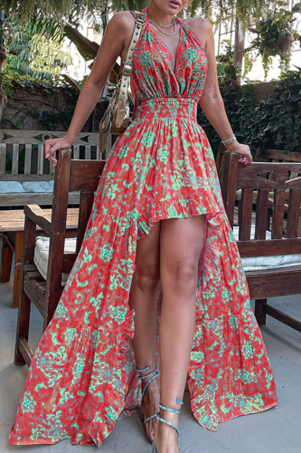 Casual Print Patchwork Halter Cake Skirt Dresses