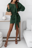Casual Solid Bandage Patchwork O Neck Pencil Skirt Dresses