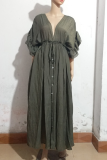 Elegant Solid Frenulum Buckle V Neck A Line Dresses