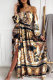 Fashion Print Patchwork Off the Shoulder Waist Skirt Dresses