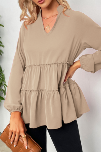 Casual Solid Patchwork Flounce V Neck Tops