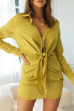 Fashion Street Solid Patchwork Turndown Collar Wrapped Skirt Dresses
