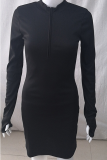 Fashion Street Solid Patchwork Zipper Collar Pencil Skirt Dresses