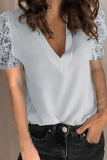 Elegant Solid Lace Patchwork V Neck Tops