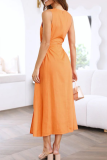 Casual Solid Hollowed Out O Neck Waist Skirt Dresses