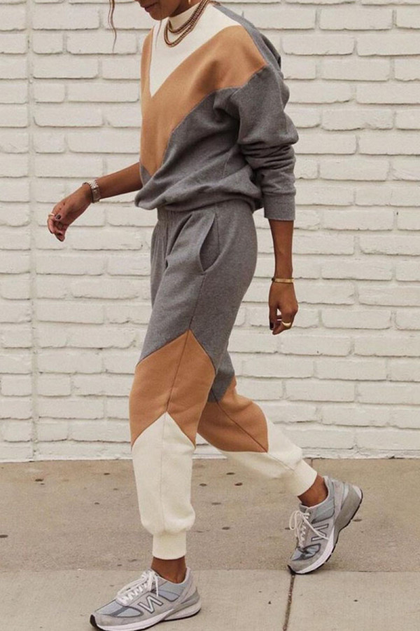 Fashion Street Solid Patchwork O Neck Long Sleeve Two Pieces