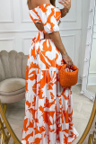 Fashion Print Patchwork Off the Shoulder Cake Skirt Dresses