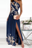 Fashion Patchwork Slit One Shoulder Waist Skirt Dresses
