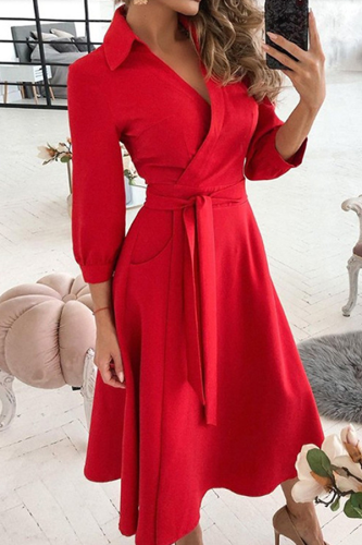 Fashion Elegant Print Solid Patchwork Frenulum V Neck A Line Dresses