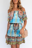 Fashion Elegant Print Patchwork Off the Shoulder A Line Dresses