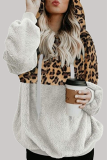 Casual Leopard Draw String Pocket Zipper Hooded Collar Tops