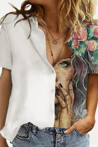 Fashion Casual Print Patchwork Turndown Collar Tops