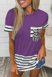 Casual Striped Leopard Patchwork Pocket O Neck T-Shirts