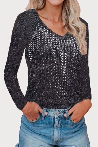 Casual Hot Drilling Patchwork Sequined O Neck Tops