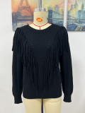 Fashion Solid Tassel Patchwork O Neck Tops