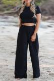 Casual Solid Patchwork Pocket O Neck Short Sleeve Two Pieces