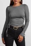 Casual Solid Draw String O Neck Tops