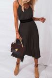 Elegant Solid Patchwork V Neck Pleated Dresses (Without Belt)