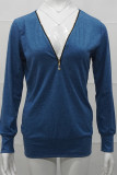 Work Solid Patchwork Zipper V Neck Tops