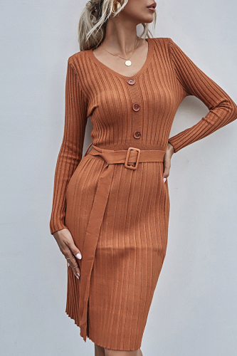 Elegant Solid Buckle With Belt V Neck Dresses
