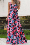 Casual Print Patchwork O Neck Cake Skirt Dresses