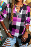 Fashion Casual Plaid Patchwork V Neck T-Shirts