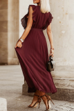 Casual Solid Patchwork V Neck Cake Skirt Dresses