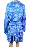 Casual Print Patchwork Turndown Collar Cake Skirt Dresses