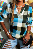 Fashion Casual Plaid Patchwork V Neck T-Shirts