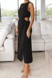 Casual Solid Hollowed Out O Neck Waist Skirt Dresses